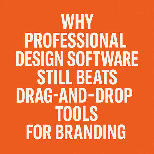 Bold graphic with white uppercase text on an orange background reading 'Why Professional Design Software Still Beats Drag-and-Drop Tools for Branding' – clean and modern featured image for branding blog post