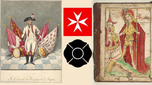 A composite showing historical art and symbols related to the Maltese Cross.