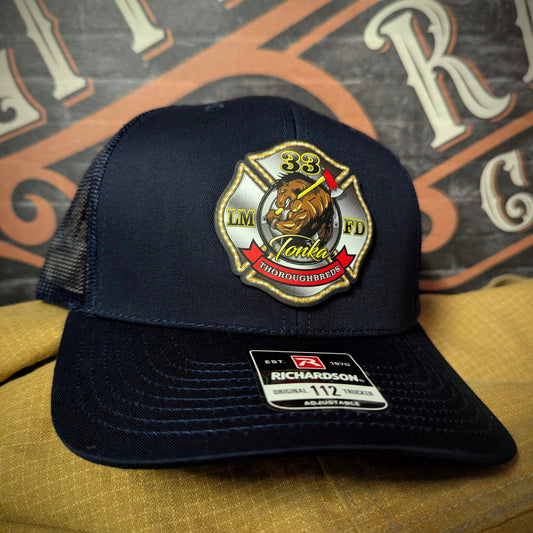 Custom leather patch firefighter hat featuring department logo design