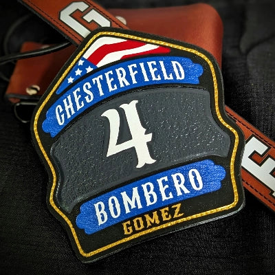 Custom firefighter helmet shield collection with leather fronts