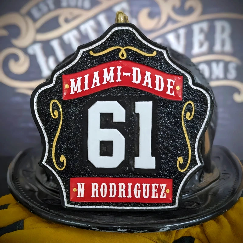 Leather firefighter helmet front custom 1st Due shield