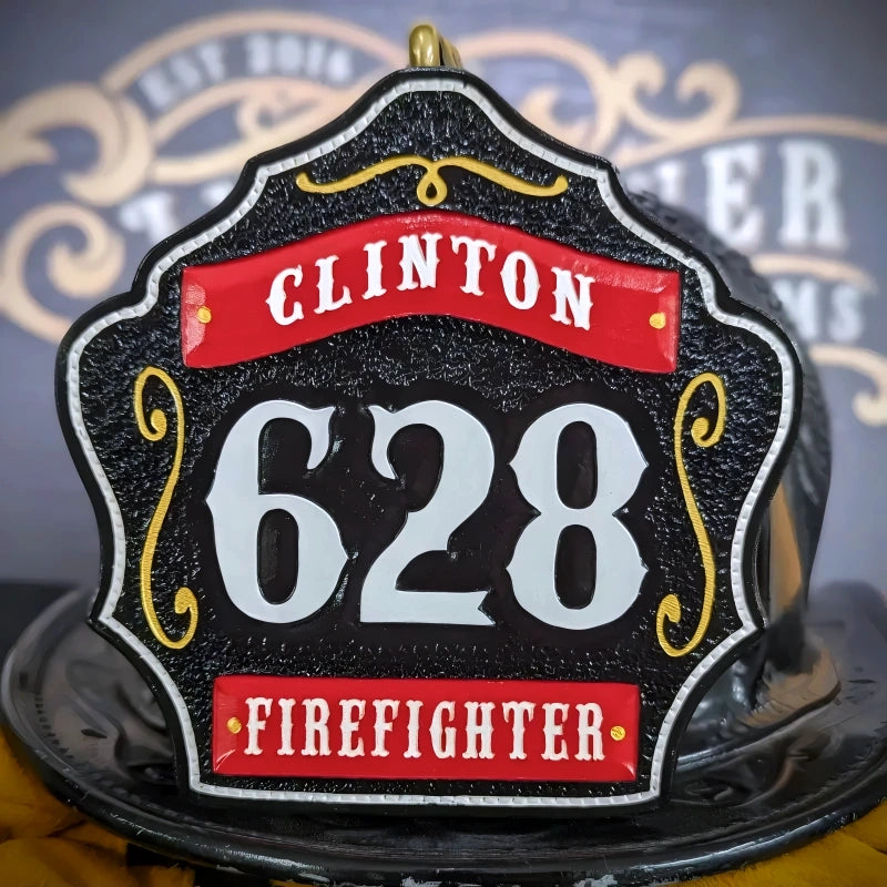 Handcrafted firefighter helmet shield 1st Due leather front