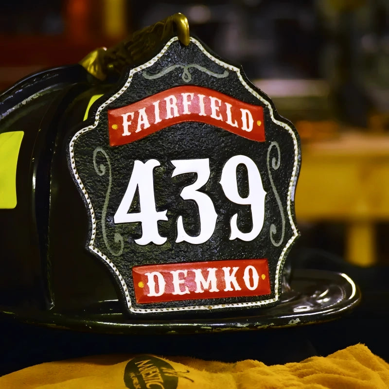 Leather fire helmet front custom 1st Due firefighter shield