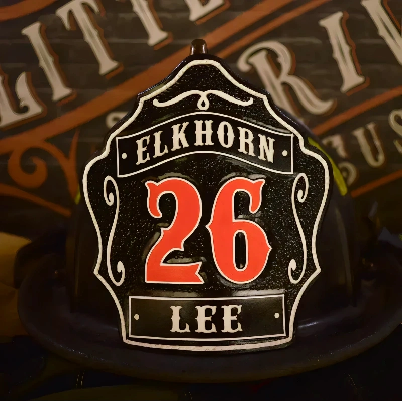 Leather firefighter helmet front 1st Due custom shield