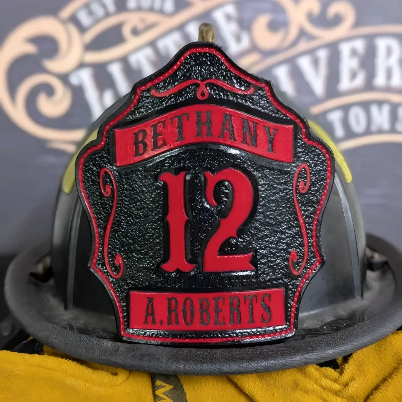 Custom 1st Due firefighter shield with traditional leather build