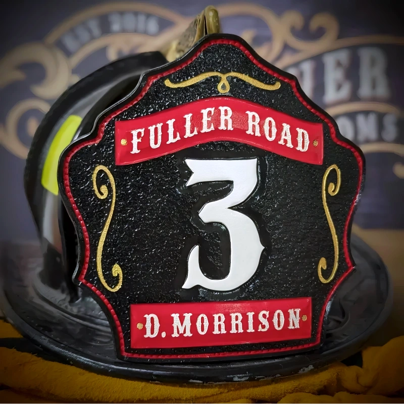 Handmade 1st Due firefighter helmet front crafted in leather