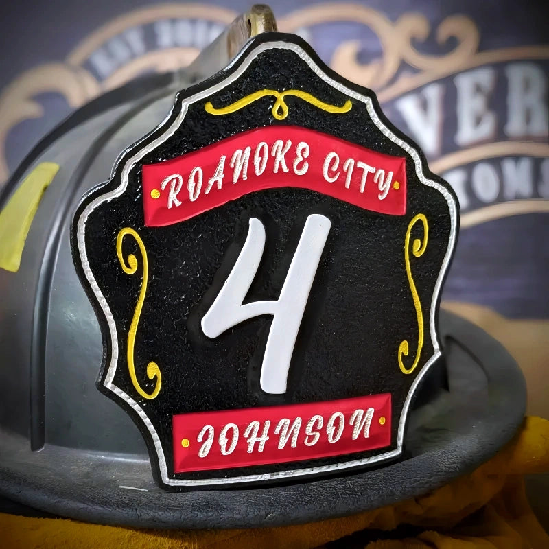 Traditional leather firefighter helmet shield 1st Due front