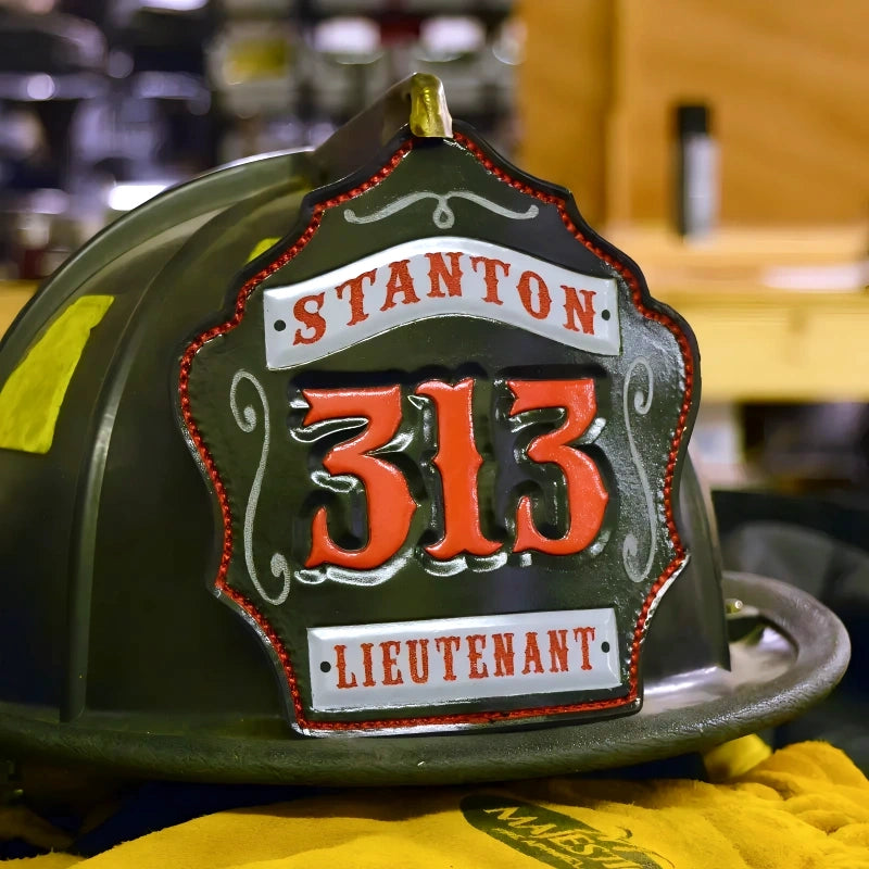 Firefighter helmet shield custom 1st Due traditional leather