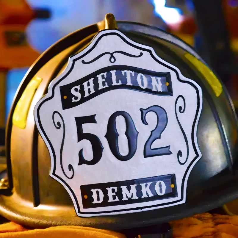 Leather firefighter helmet front 1st Due customizable shield