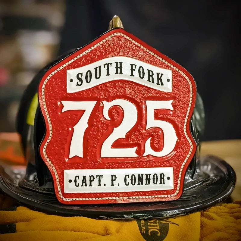 Traditional firefighter helmet front 1st Due leather shield