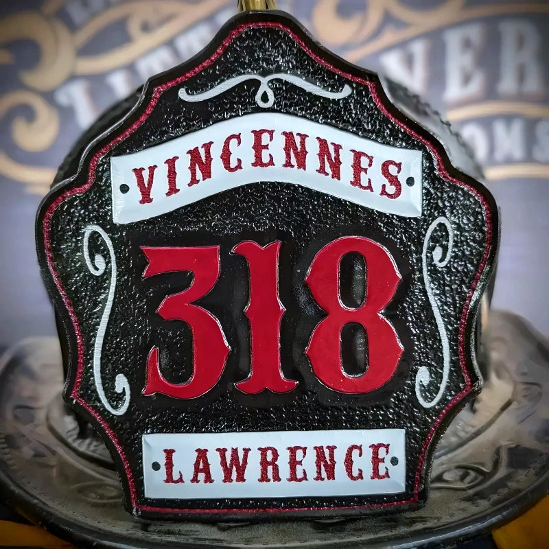 Custom 1st Due helmet shield with number, rank, and department