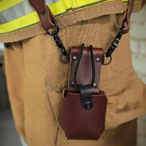 Personalized leather firefighter radio strap with adjustable fit and rugged construction