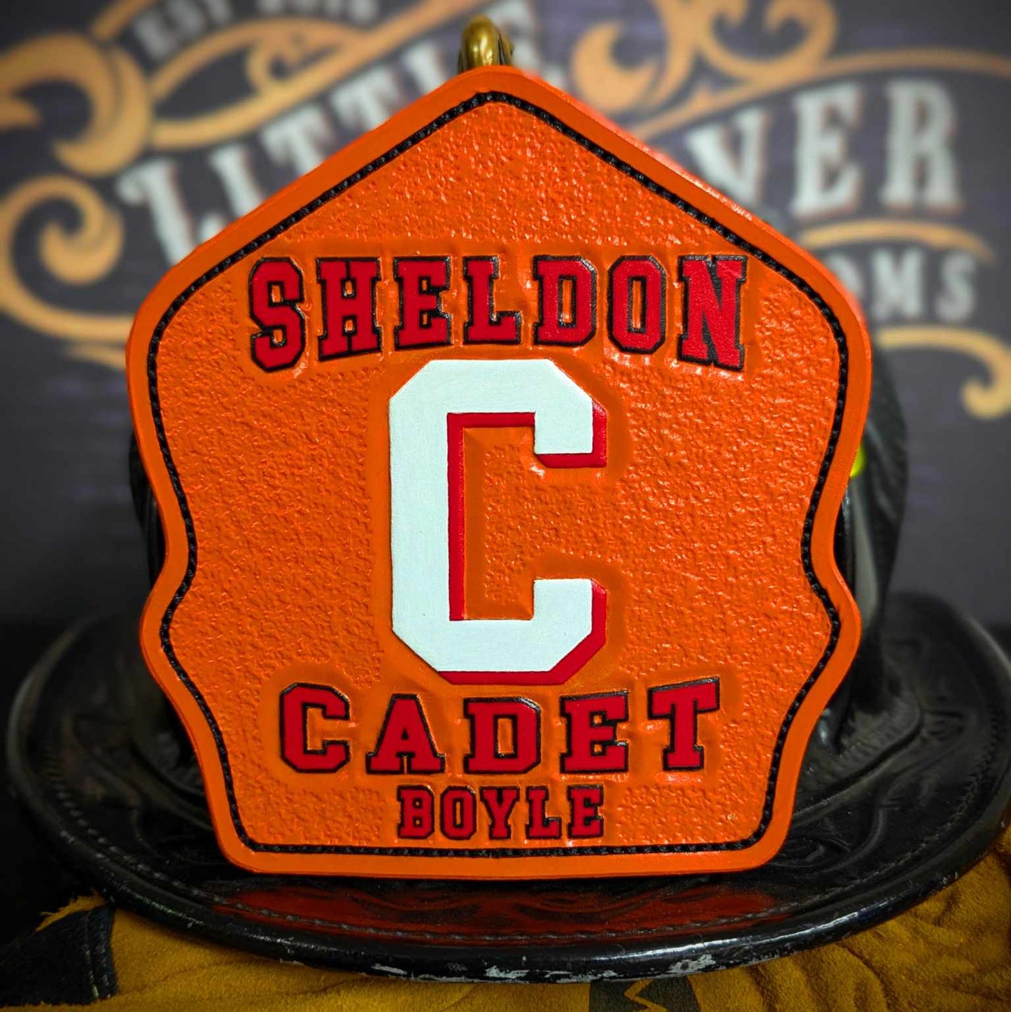 personalized firefighter shield – leather front with pride and function