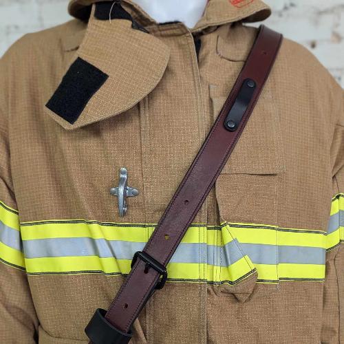 Personalized leather firefighter radio strap with adjustable fit and rugged construction