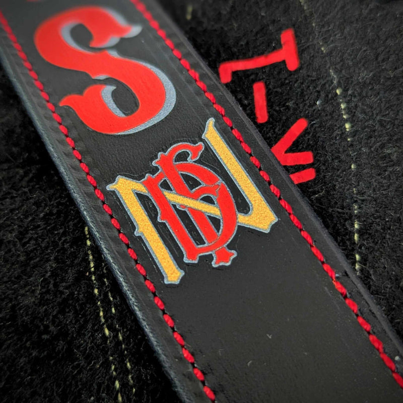 Personalized leather firefighter radio strap with adjustable fit and rugged construction