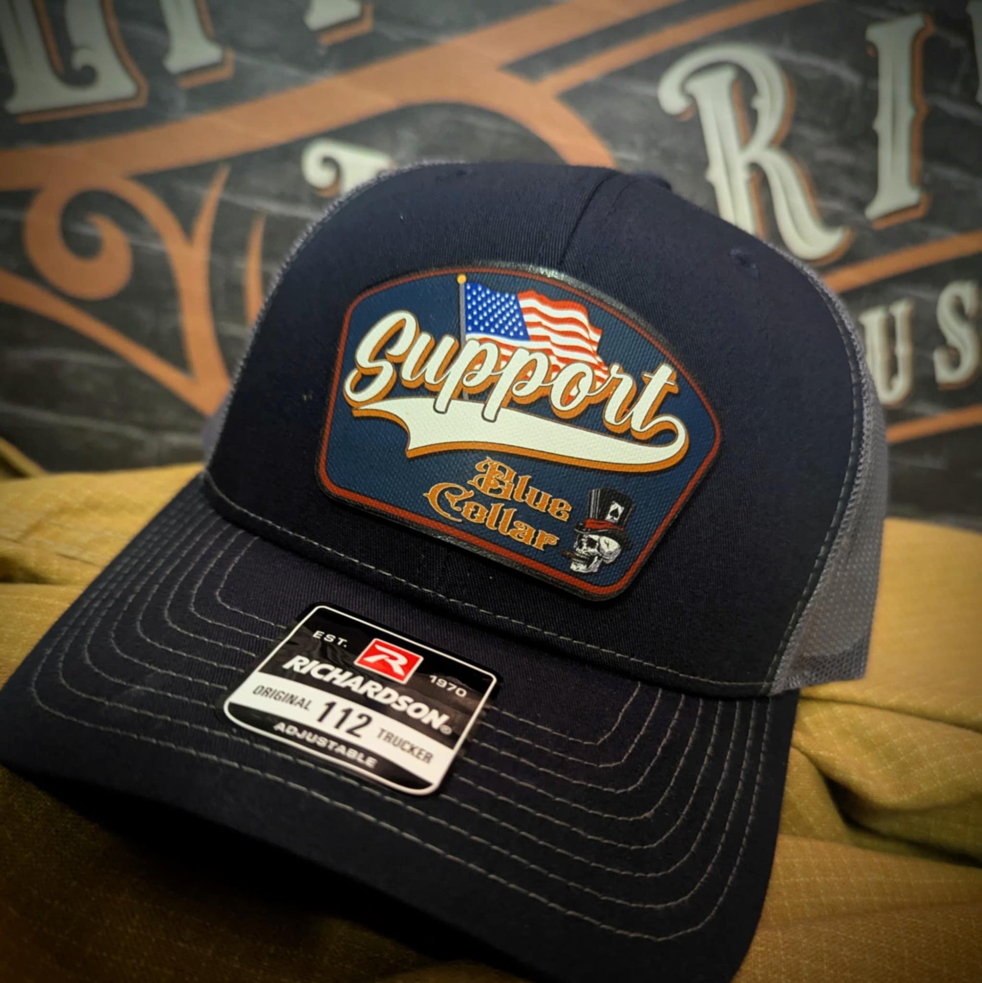 Richardson leather patch hat with 'Support Blue Collar' American flag design