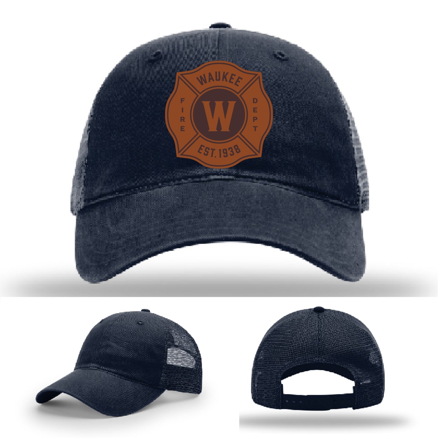 Custom firefighter hat for Waukee Fire Department – featuring bold leather patch on Richardson hat