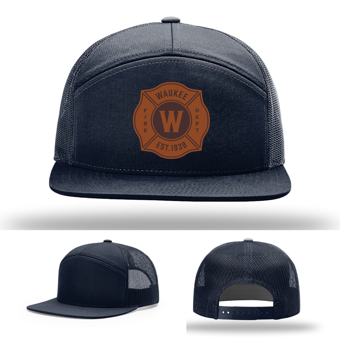 Richardson hat with Waukee Fire Department leather patch – established 1938 firefighter design