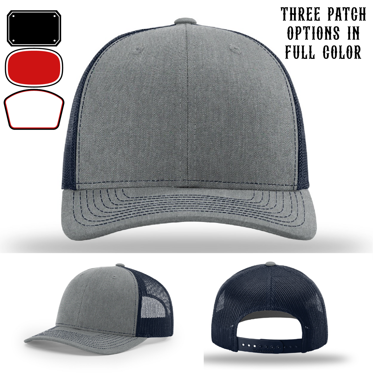 Passport-style leather patch variants shown for custom firefighter Richardson hats – fire gear customization layout in passport format.