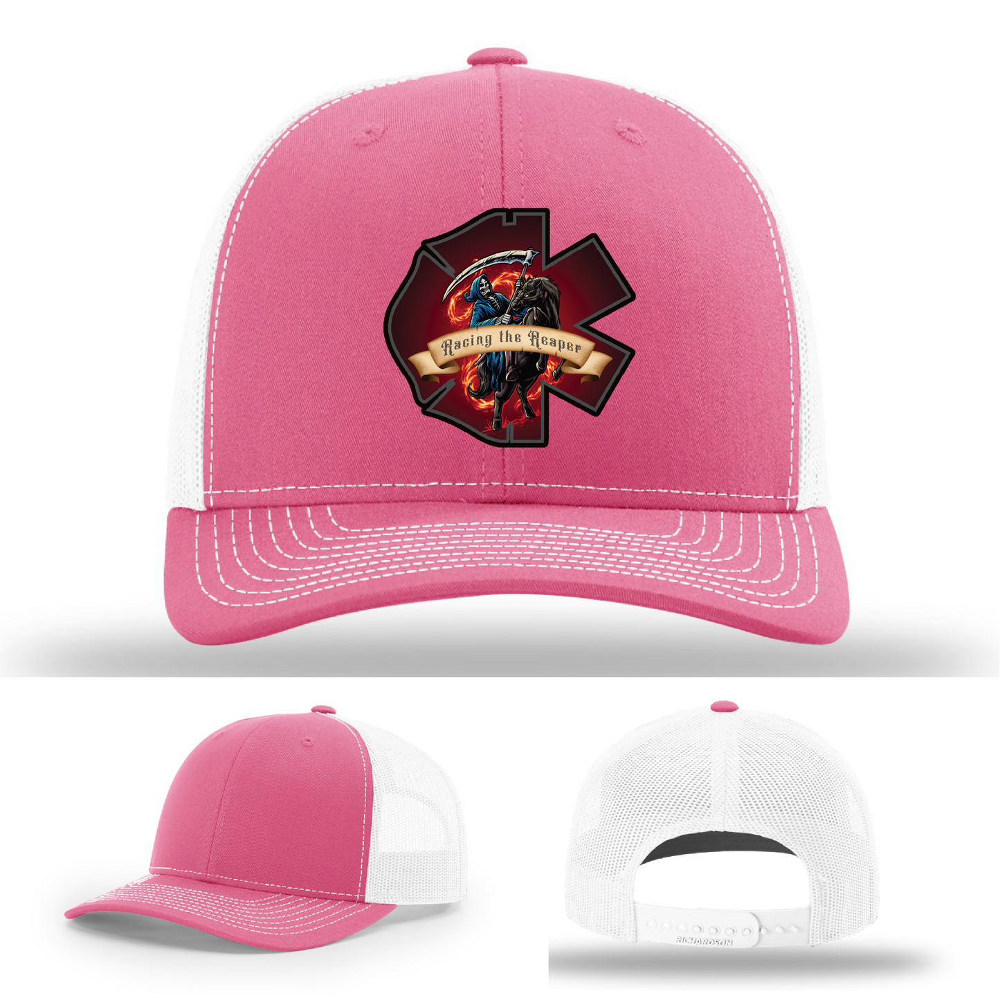 Variant firefighter hat logos – Racing the Reaper patch options on Richardson leather hats