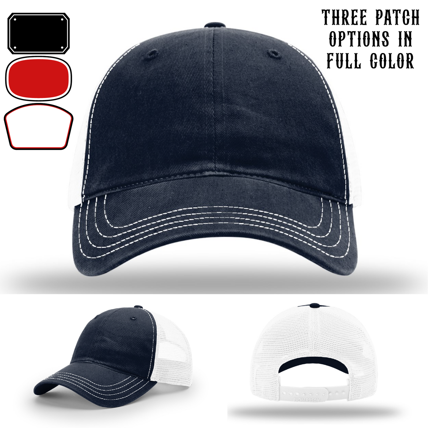 Passport-style leather patch variants shown for custom firefighter Richardson hats – Richardson variant image with leather patch styles.
