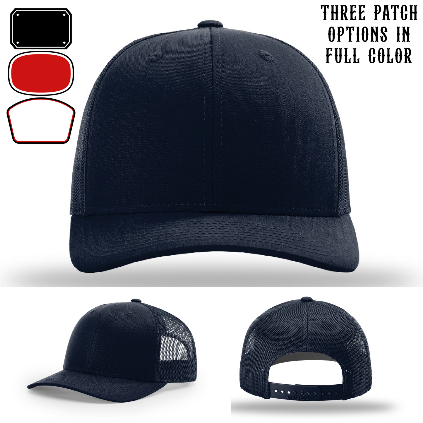 Passport-style leather patch variants shown for custom firefighter Richardson hats – variant layout image for firefighter gear options.