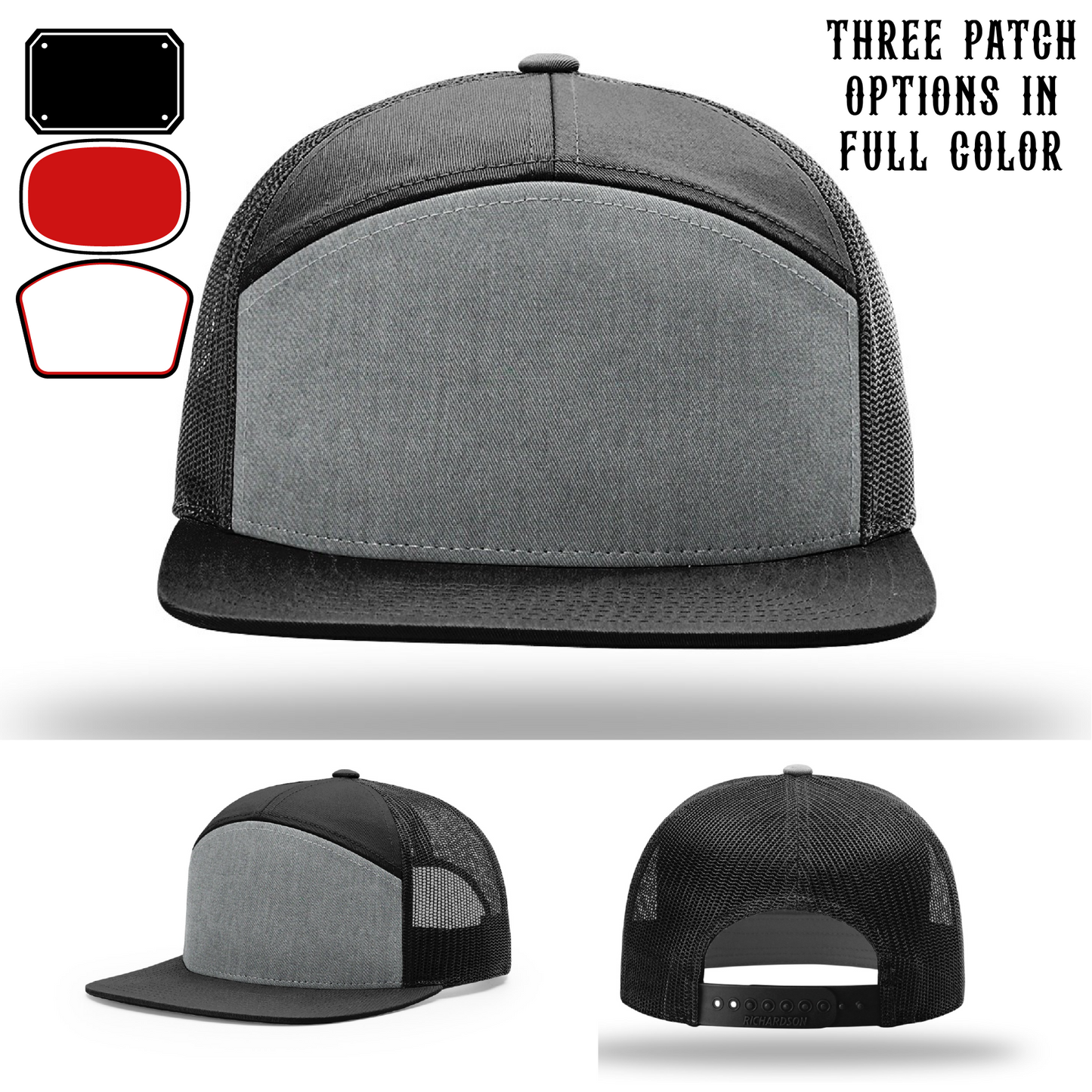Passport-style leather patch variants shown for custom firefighter Richardson hats – sample layouts for passport-style patch shapes.
