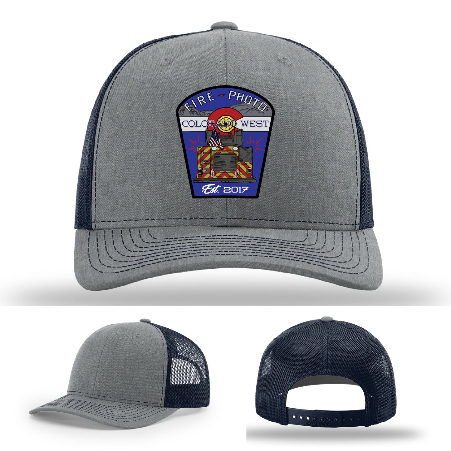 Custom leather firefighter hat showing patriotic fire helmet and hose layout – leather patch firefighter hat
