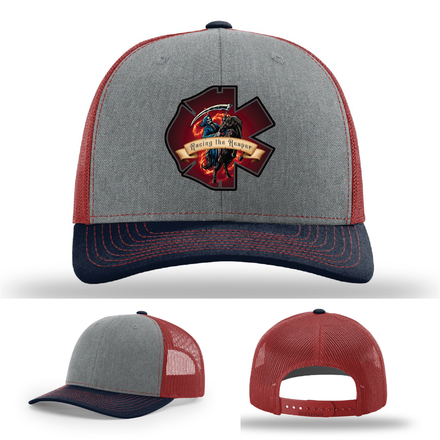 Firefighter Grim Reaper logos – multiple leather patch variants on Richardson hats