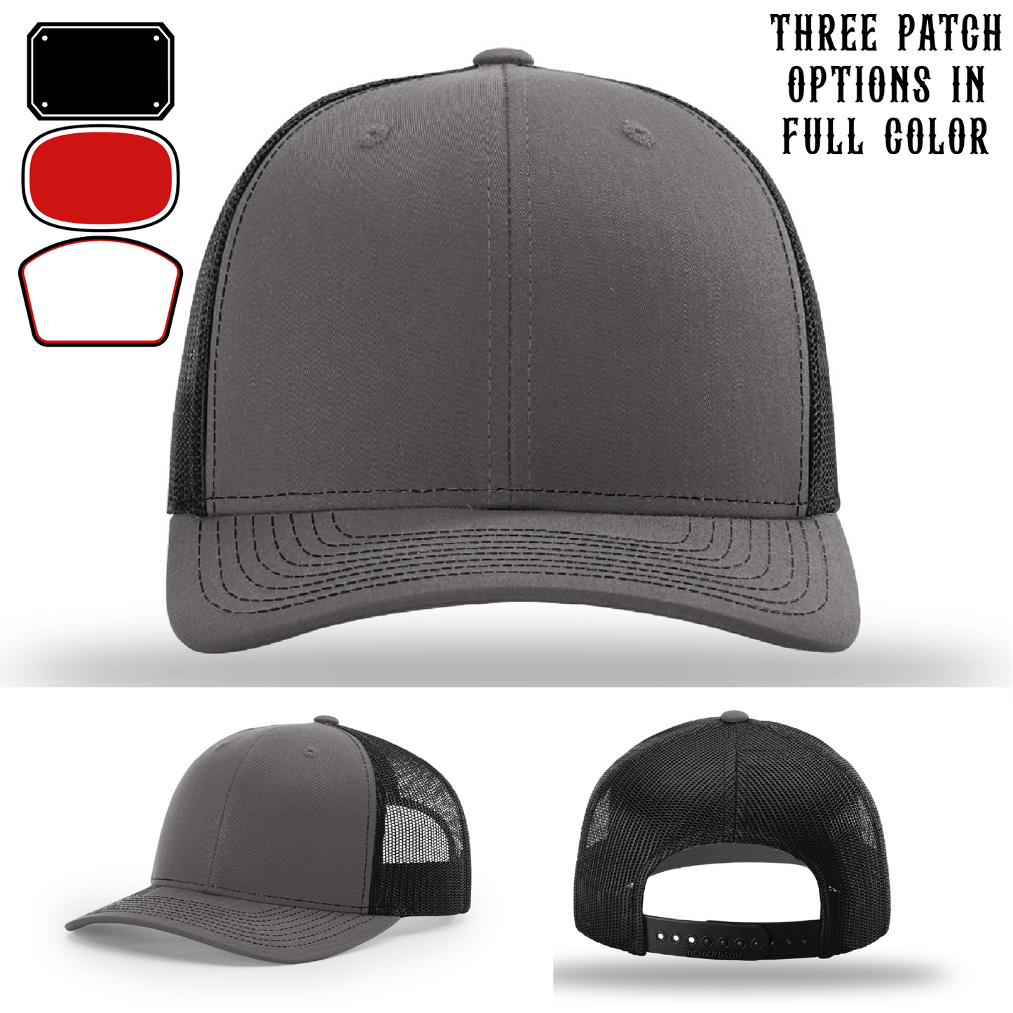 Passport-style leather patch variants shown for custom firefighter Richardson hats – fire patch layout image for passport series.