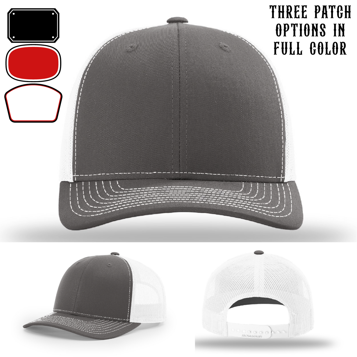 Passport-style leather patch variants shown for custom firefighter Richardson hats – variant layout options for firefighter travel hats.