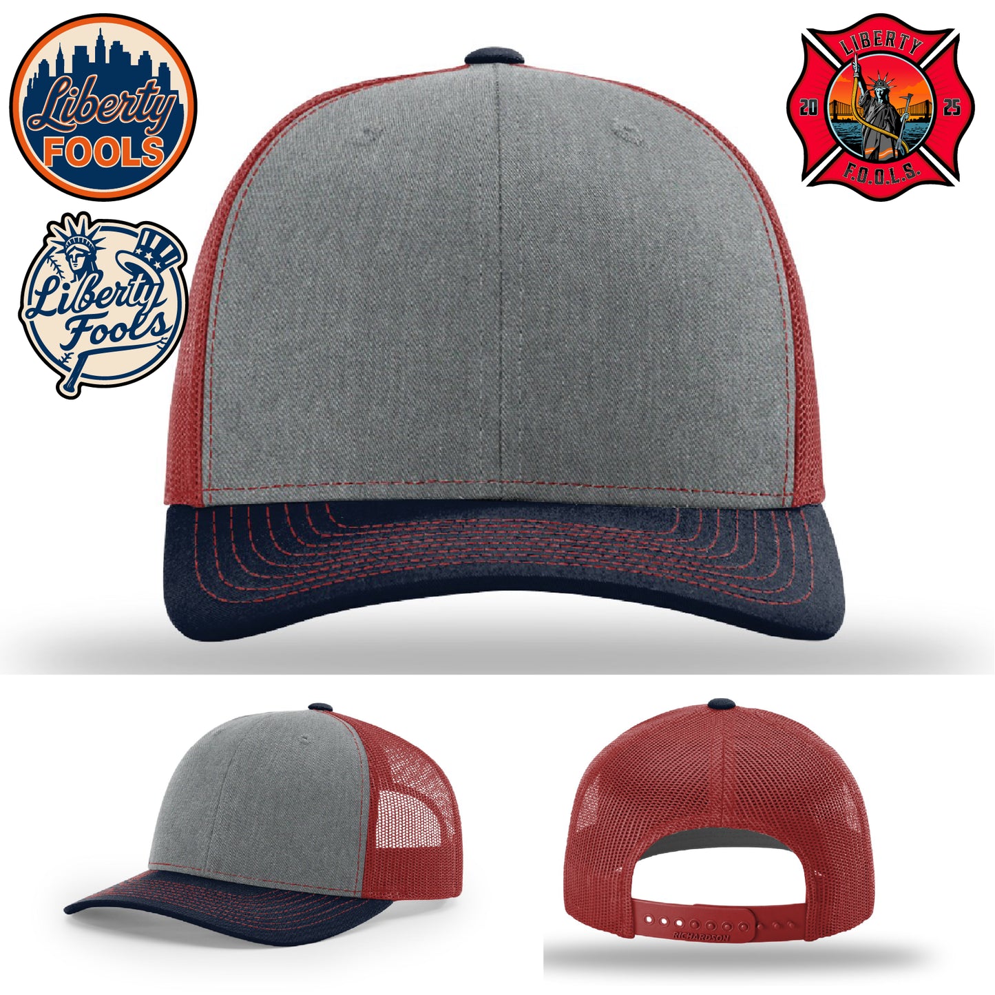 Liberty City FOOLS firefighter hat logo variants β Liberty FOOLS layout reference image.