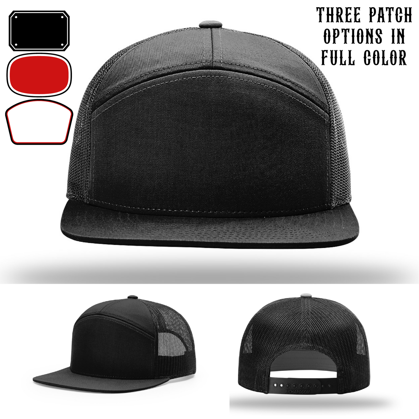 Passport-style leather patch variants shown for custom firefighter Richardson hats – example patch shapes for passport-themed gear.