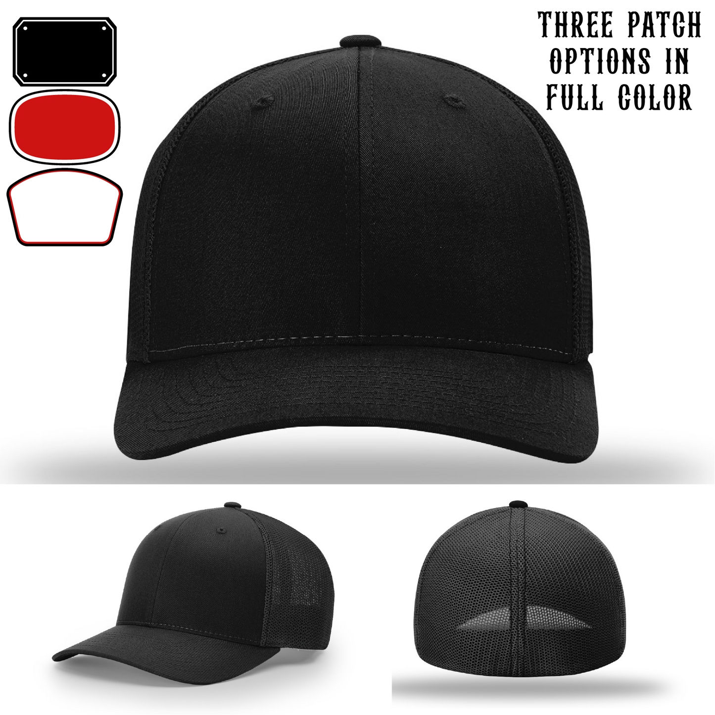 Passport-style leather patch variants shown for custom firefighter Richardson hats – featuring custom patch variations for station branding.