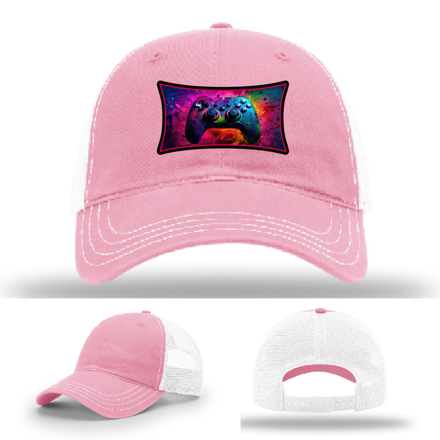 Custom Richardson gaming hat with neon galaxy controller patch β bold gamer merch.
