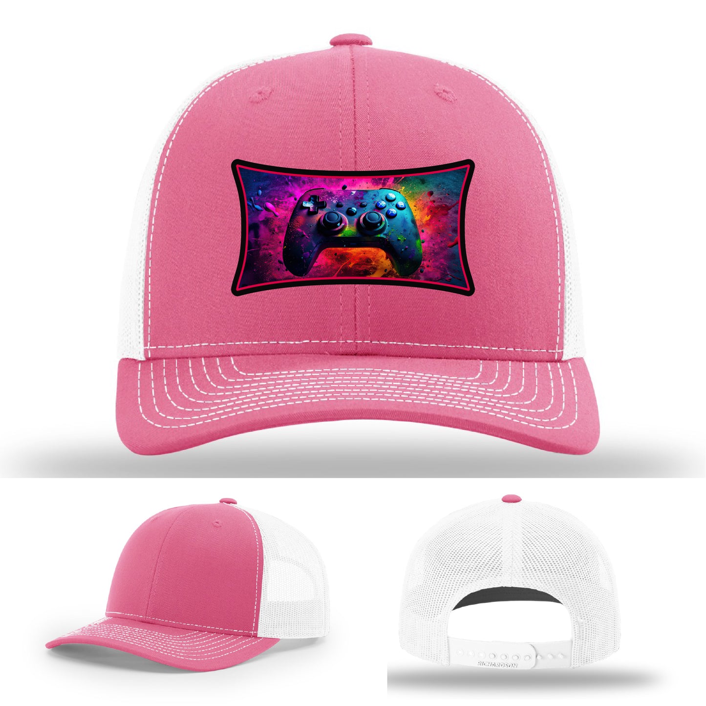Custom Richardson gaming hat with neon galaxy controller patch β bold gamer merch.