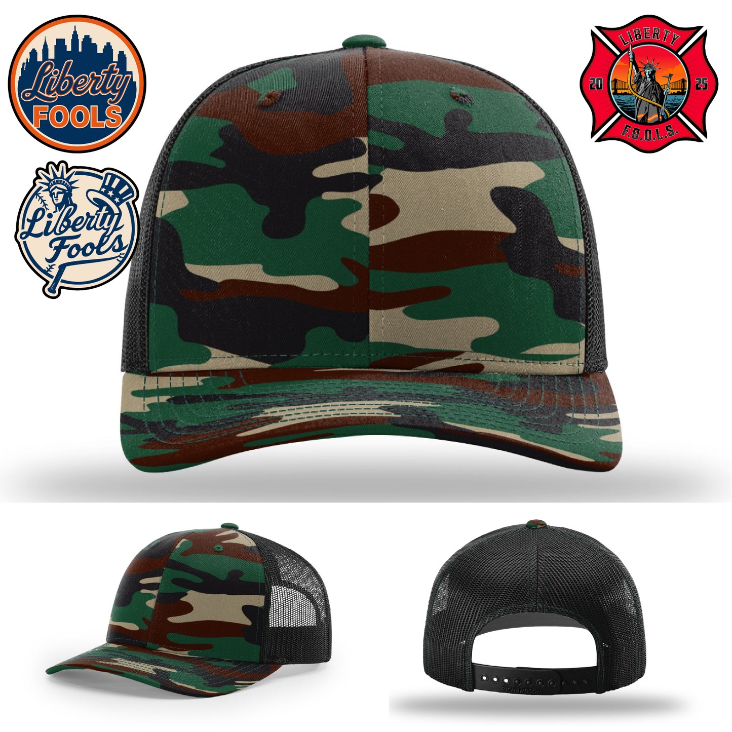 Liberty City FOOLS firefighter hat logo variants β mockup image of FOOLS hat logo placement.