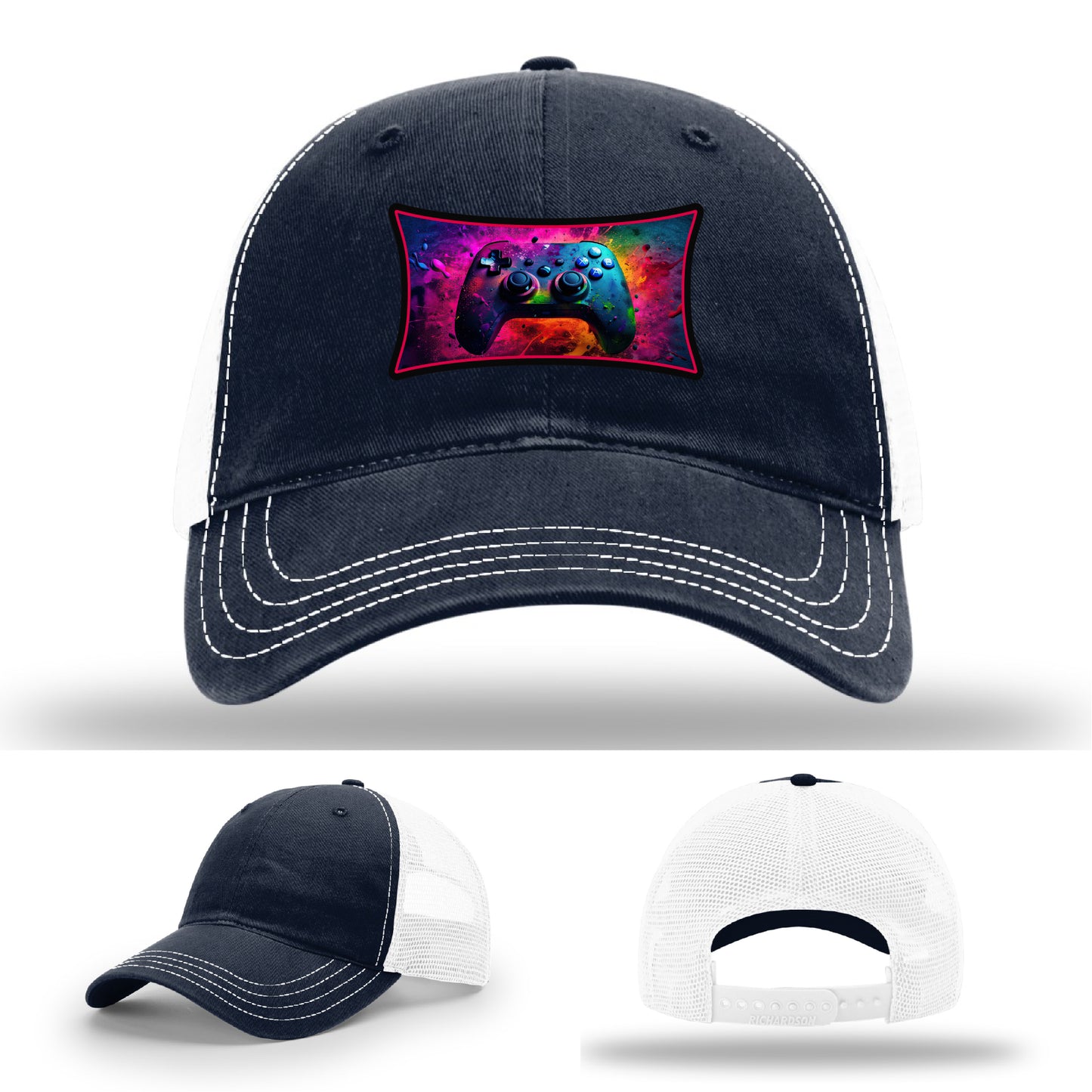 Custom Richardson gaming hat with neon galaxy controller patch β bold gamer merch.