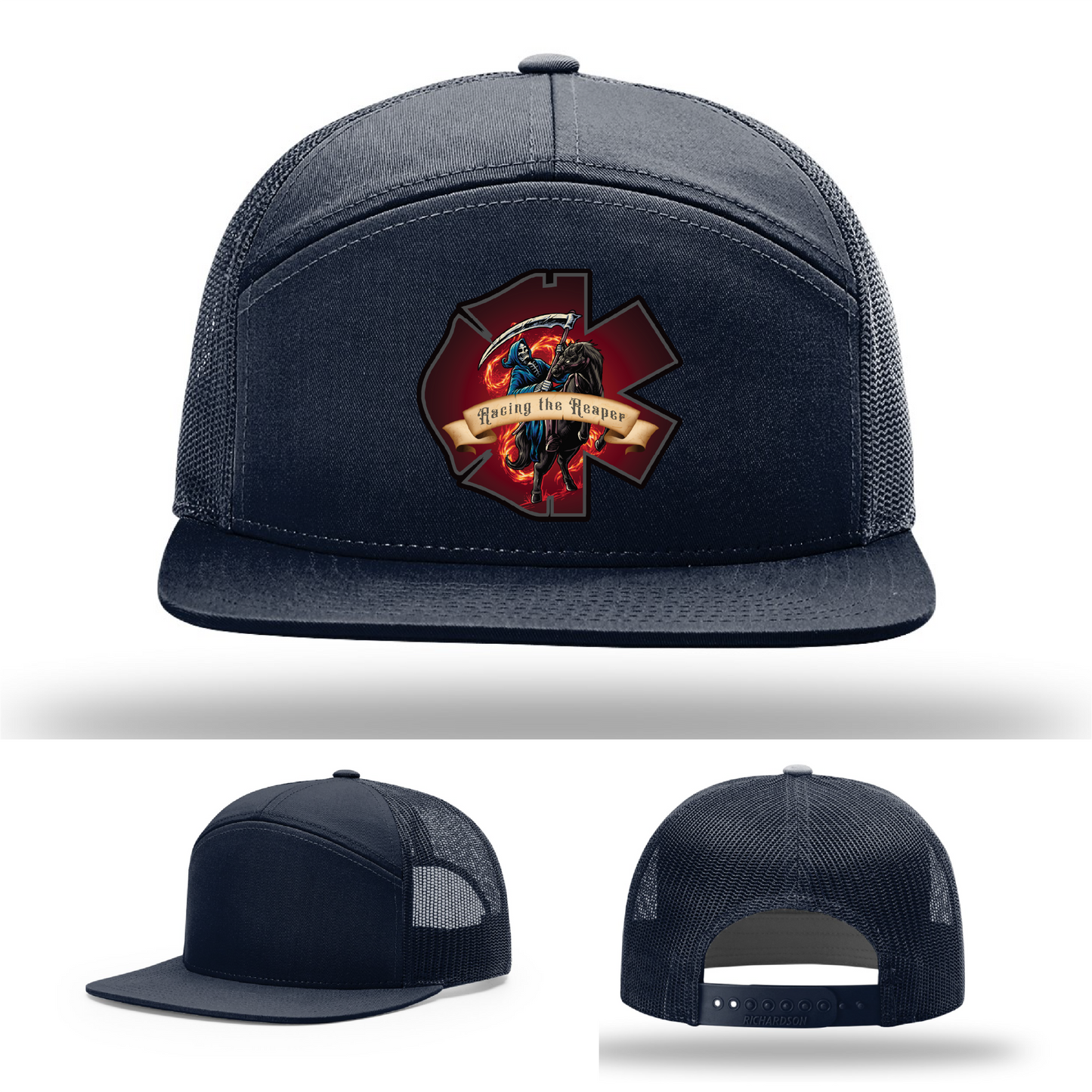 Racing the Reaper patch designs – firefighter leather logos across Richardson hats