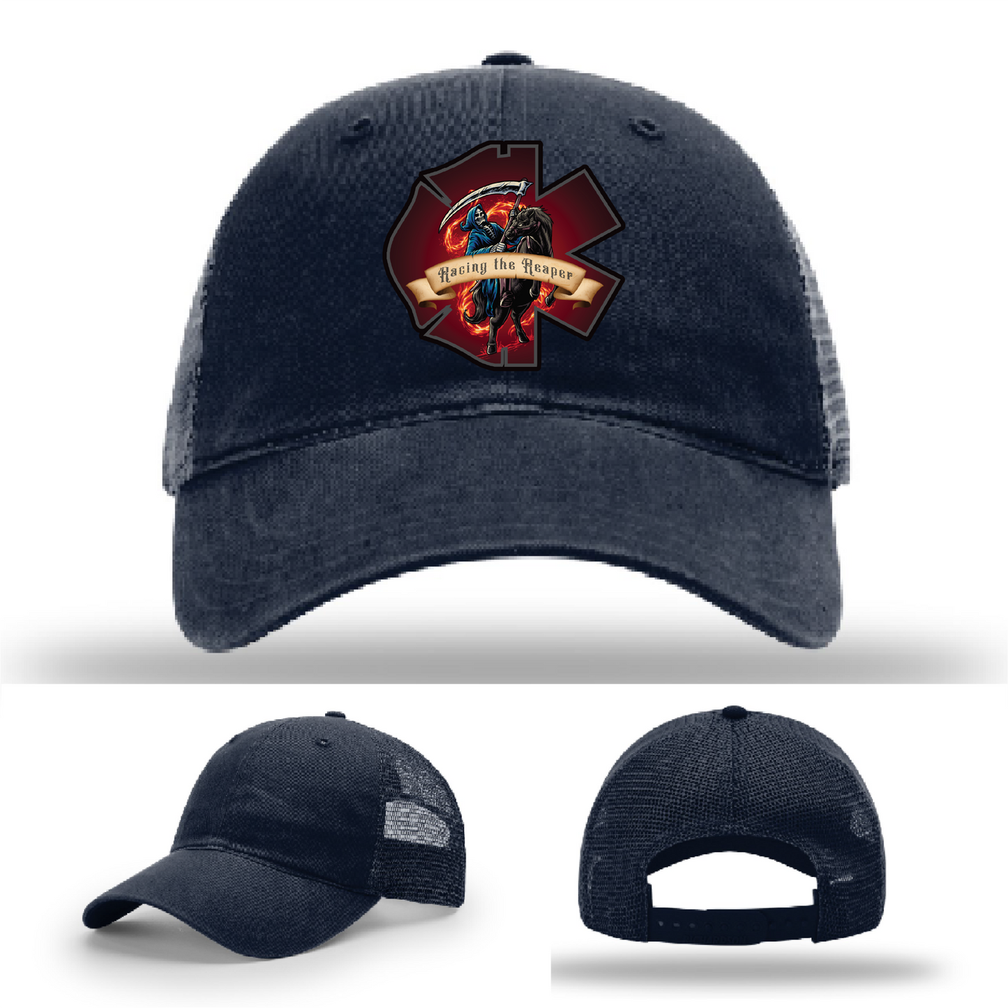 EMS leather patch hats – multiple Racing the Reaper logos shown on Richardson styles