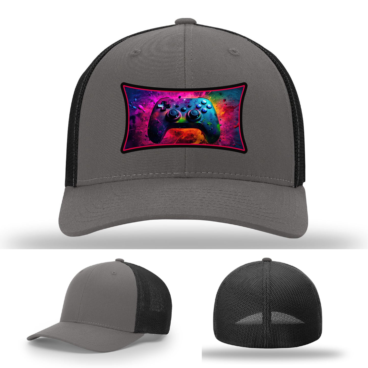 Custom Richardson gaming hat with neon galaxy controller patch β bold gamer merch.