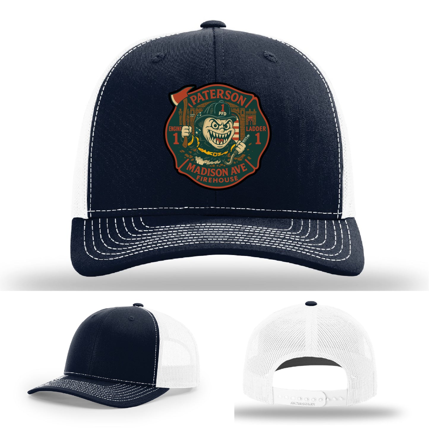Leather firefighter patch hat featuring Madison Ave’s Engine and Ladder Co 1 – Paterson FD branding