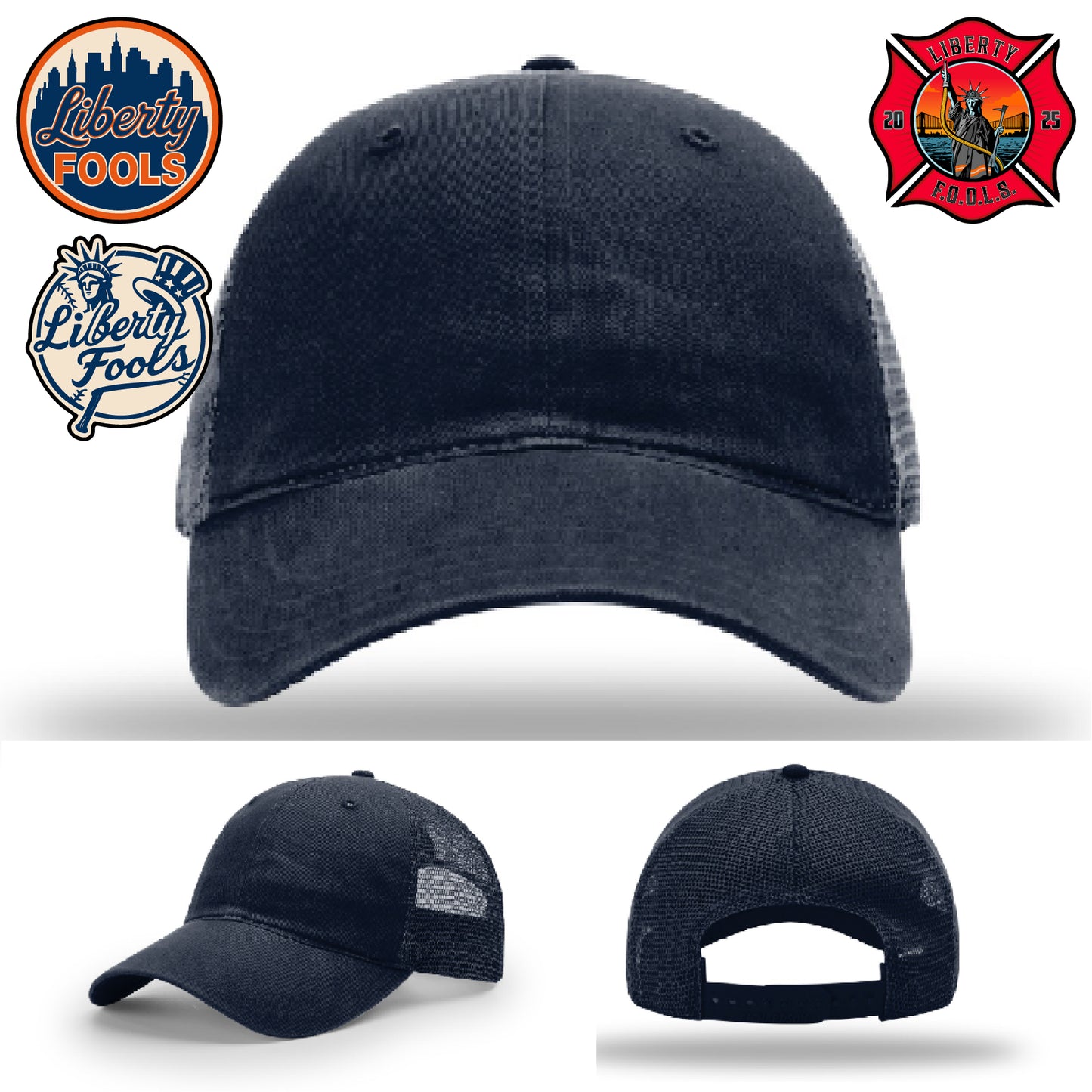 Liberty City FOOLS firefighter hat logo variants β alternate Liberty FOOLS branding for apparel.