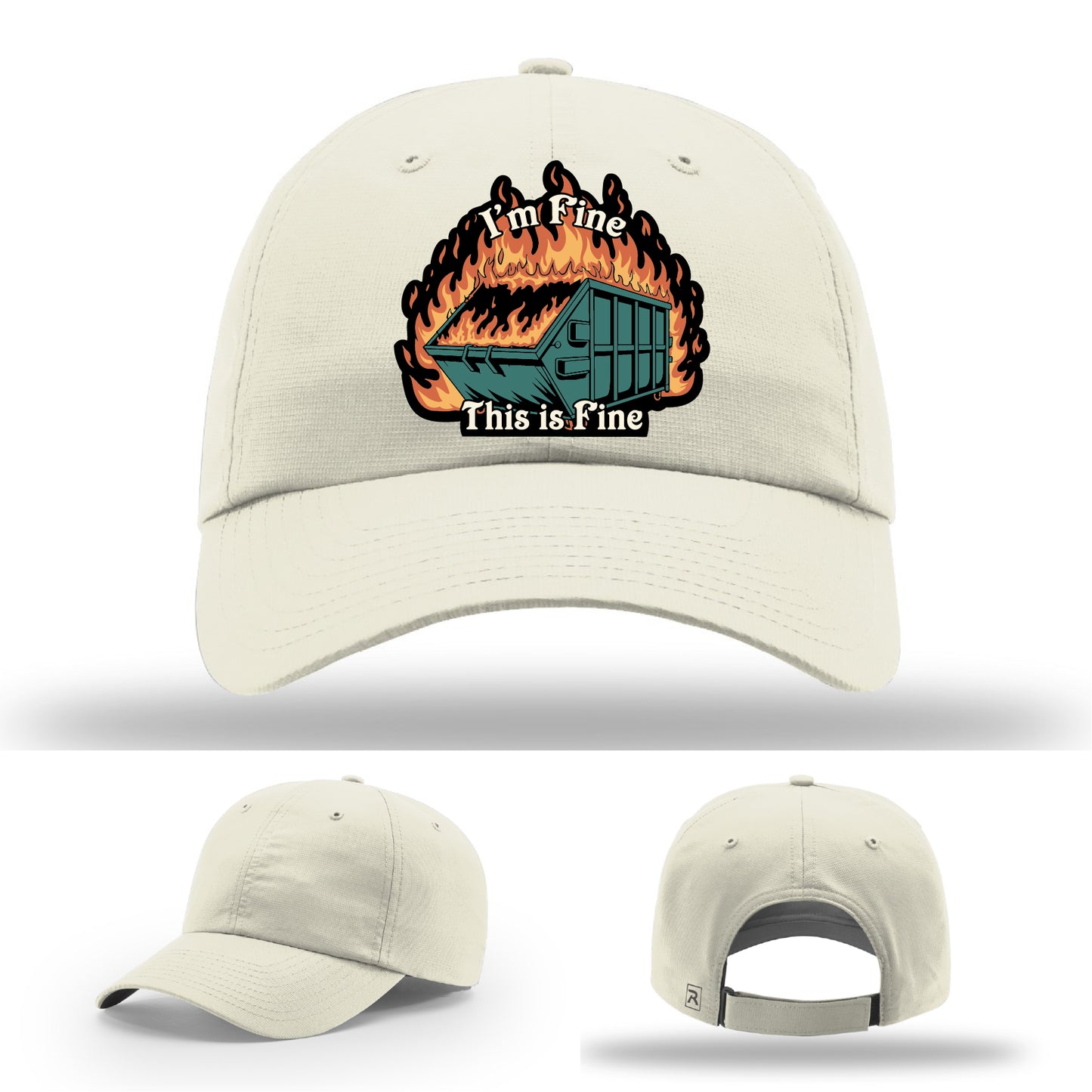 Funny Richardson hat with leather patch of dumpster fire and the quote 'I’m fine, this is fine'.