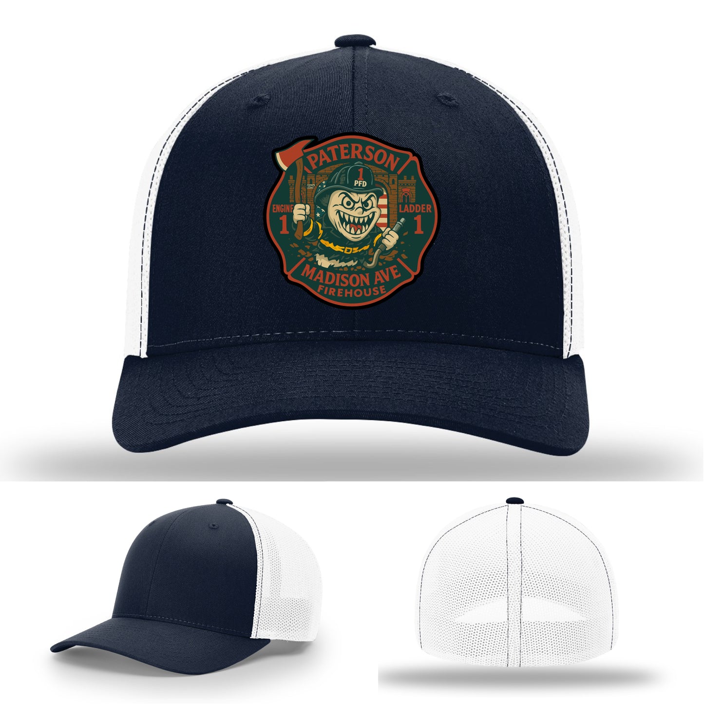 Engine 1 firefighter hat with leather logo patch – Paterson Madison Ave Firehouse on Richardson brand