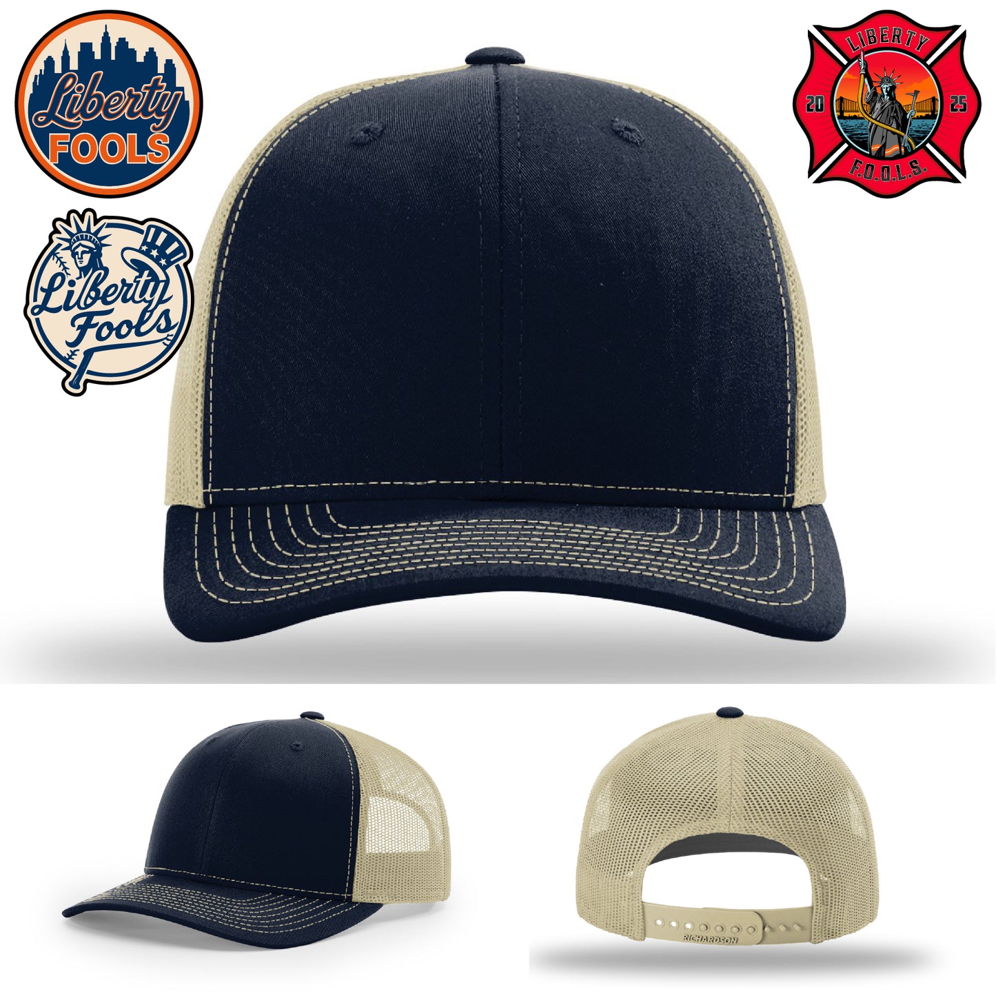 Liberty City FOOLS firefighter hat logo variants β patch examples for Liberty FOOLS personalization.