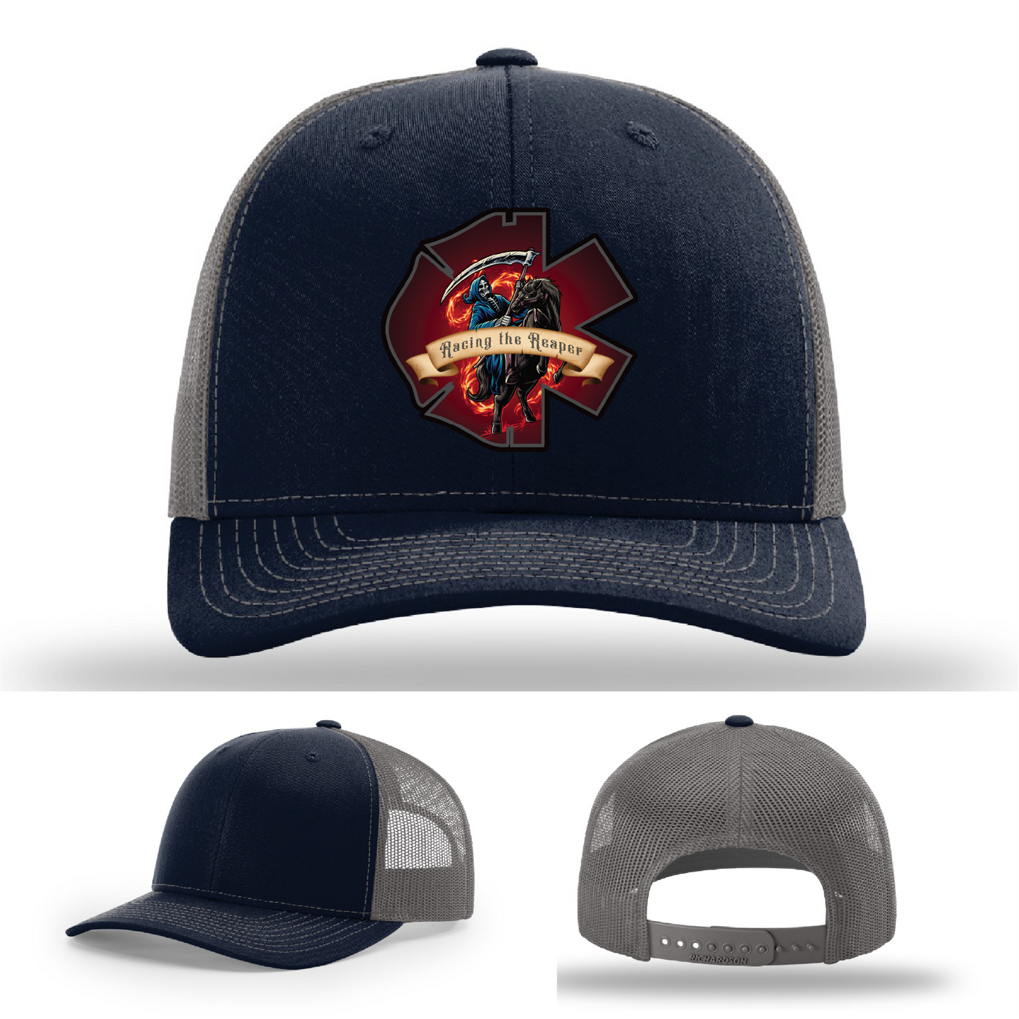 Richardson firefighter hats – Racing the Reaper logo patch options displayed
