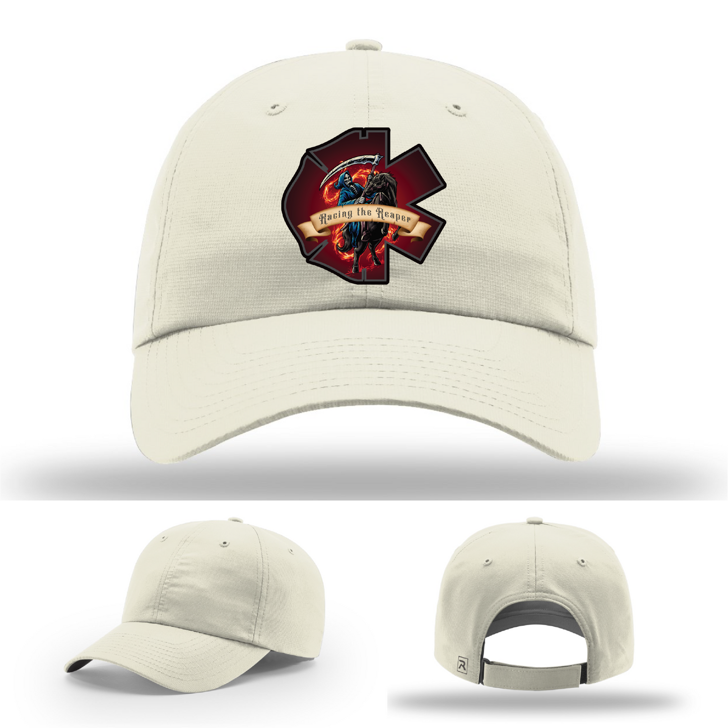 Richardson firefighter EMS hat with leather patch – ‘Racing the Reaper’ maltese cross design.