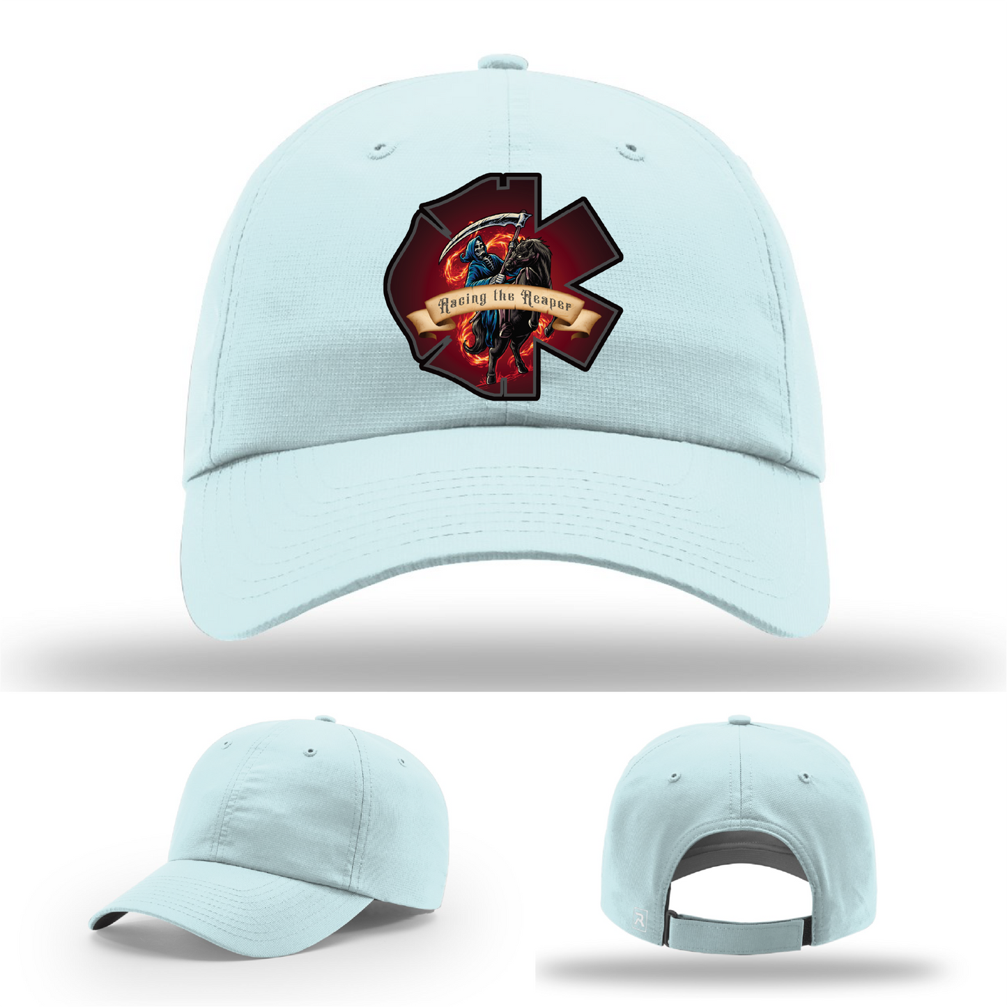 EMS hat logo variants – featuring Racing the Reaper patch designs on Richardson brand leather patch hats