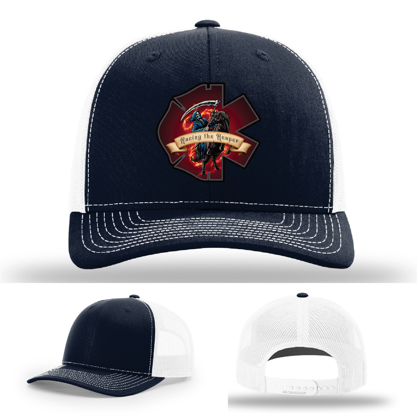 Grim Reaper patch styles – leather firefighter hat variants with EMS themes